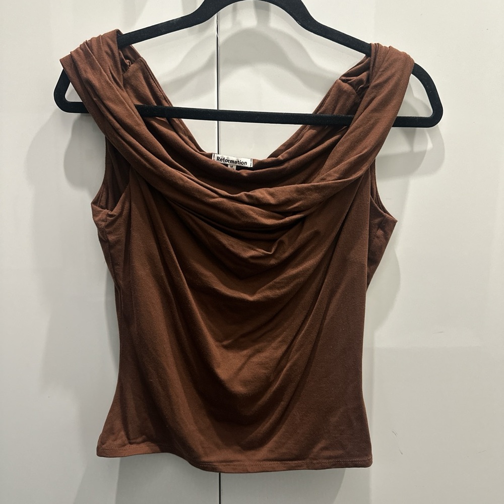 Reformation Chocolate Cowl Neck Blouse